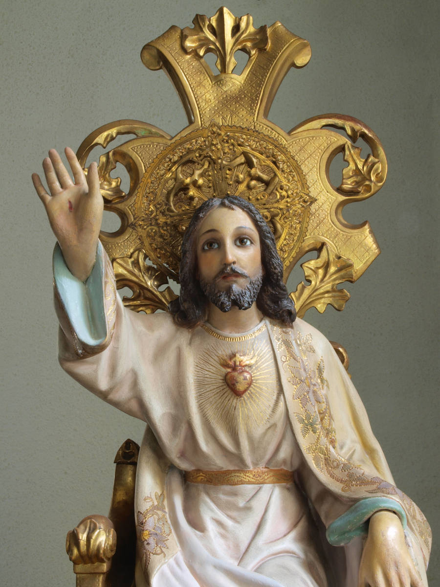 王であるイエス 坐像 高69cm サクレクール グラスアイ 清心 宗教彫刻 1920年 座像 スペイン アンティーク/H513
