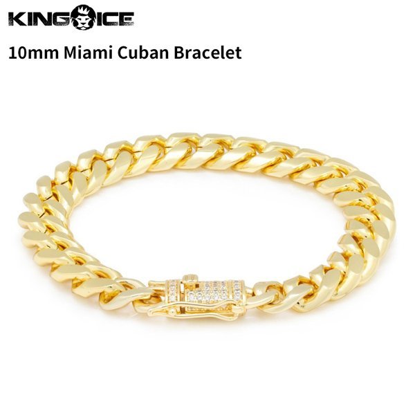 【チェーン幅 10mm、長さ 8インチ】King Ice キングアイス マイアミキューバンチェーン ブレスレット ゴールド 10mm Miami Cuban Bracelet