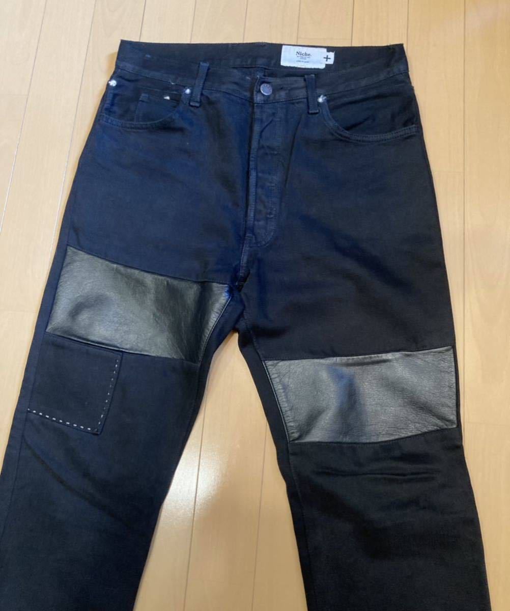 Niche. ニッチ Remake Black Denim Pant's リメイクブラックデニムパンツ サイズM 日本製 made in japan レザー切り替え Leatherの画像2