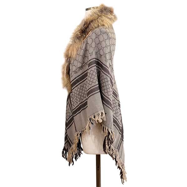 [ free shipping ][ genuine article ] popular *GUCCI* Gucci * fox fur * afghan stole * wool × silk * Brown * shawl *GG pattern * fringe *