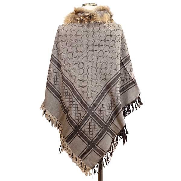 [ free shipping ][ genuine article ] popular *GUCCI* Gucci * fox fur * afghan stole * wool × silk * Brown * shawl *GG pattern * fringe *