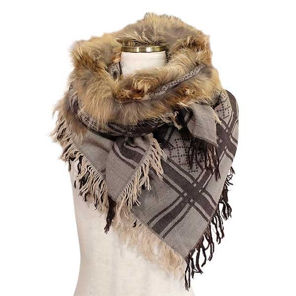 [ free shipping ][ genuine article ] popular *GUCCI* Gucci * fox fur * afghan stole * wool × silk * Brown * shawl *GG pattern * fringe *