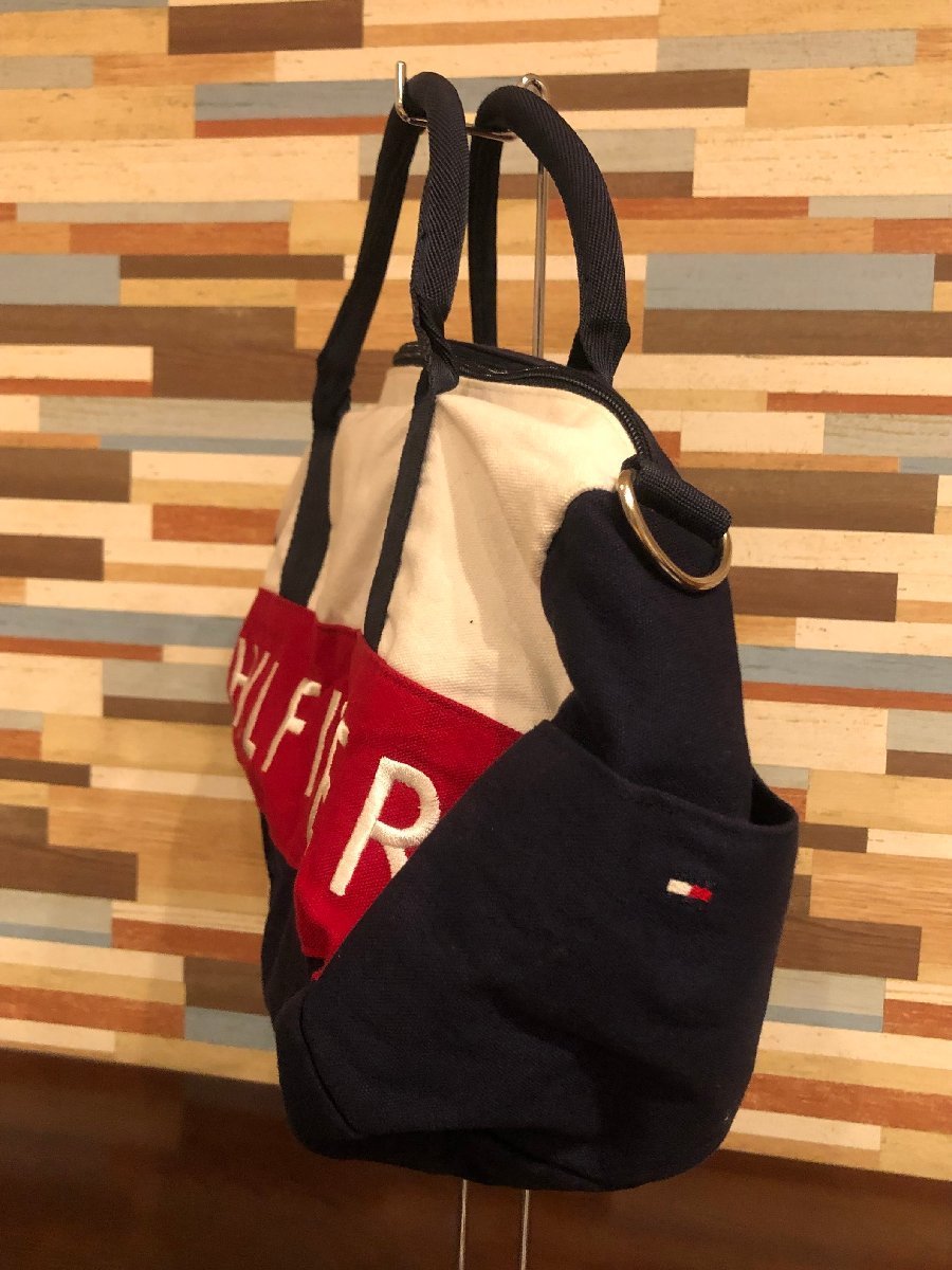 ■【YS-1】 トミーヒルフィガー Tommy Hilfiger ミニボストンバッグ ■ 赤×紺×白系 ショルダーストラップ付き 【同梱可能商品】K■_画像2