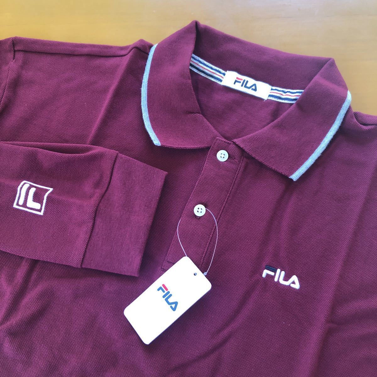  довольно большой 4L новый товар FILA filler простой рубашка-поло с длинным рукавом темно-красный 