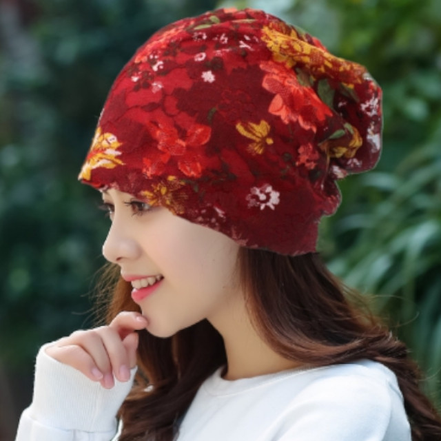 ターバンキャップ 帽子 レース素材 ケア帽子 薄手 デザインC 春夏秋 レッド 赤色 花柄 exia_画像1