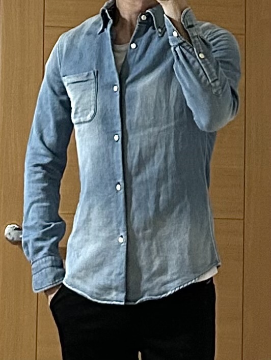 LEON掲載 定価4.5万 1piu1uguale3 STRETCH SWEAT DENIM B.D SHIRTS Ⅲ ブルー ウノピュウノウグァーレトレ スエットデニムシャツakmwjk