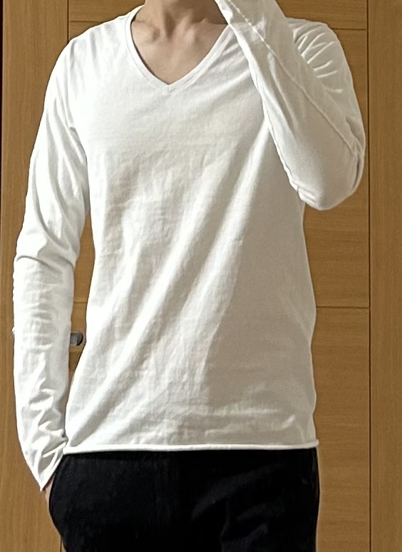 定価1.7万 wjk compact tight jersey V-neck cut&sewn Mサイズ ジャージ長袖カットソー Tシャツ akm ジュンハシモト_画像4