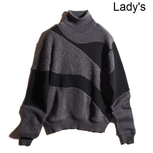 x5504P　▼JIL SANDER ジルサンダー▼　リブ ミラノリブ ラメ 切り替え タートルネックニット グレー 黒 36 ウールニット 秋冬 rb mks