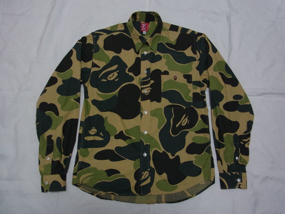 * прекрасный товар * A BATHING APE Ape 1st утка камуфляж рубашка sizeS желтый утка сделано в Японии * б/у одежда редкость первый период . утка BAPE Bape SHALL NEVER KILL