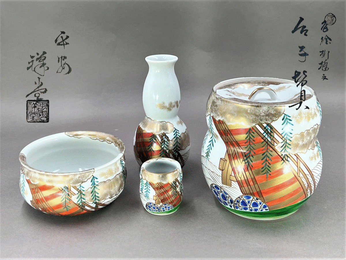 好日）うぶだし京焼名工手塚祥堂（央） 色絵台子皆具柳橋絵茶道具保証