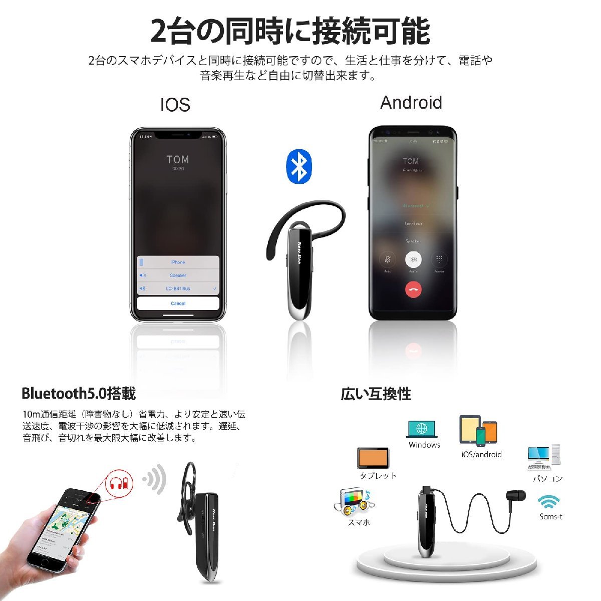 送料無料★イヤホン 片耳 Bluetooth 耳掛け式 マイク内蔵 左右耳兼用 (一つ， ブラック)_画像6