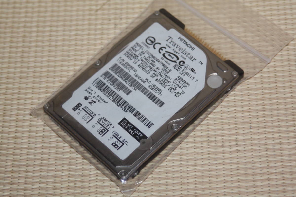 (送料無料) 2.5インチ IDE 20GB HDD フォーマット済 ATA 4200rpm 厚さ9.5mm HGST HITACHI Travelstar IC25N020ATMR04-0 旧規格 絶版 修理_画像1