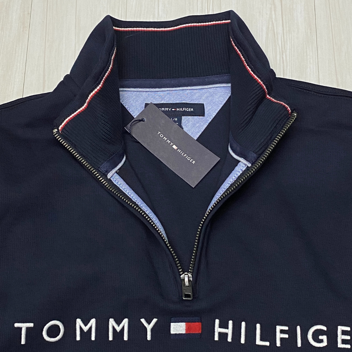 USA正規品 【L】 トミーヒルフィガー TOMMY HILFIGER USA 3/4 クオータージップ モックネック スウェット プルオーバー 紺 (R4F-27)_画像2