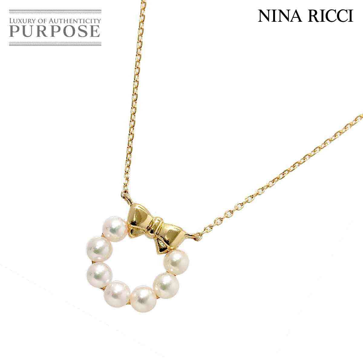 ニナリッチ NINA RICCI アコヤ真珠 3.3-3.2mm ネックレス 41cm K18 YG イエローゴールド 750 リボン パール Akoya Pearl Necklace 90196630_画像1