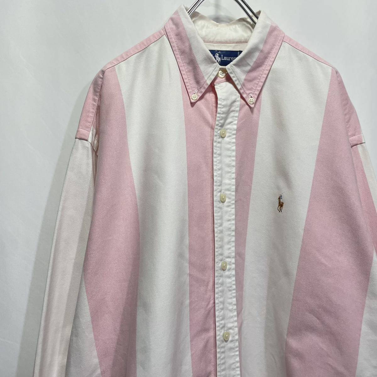 90's Ralph Lauren ストライプシャツ オックスフォード POLO ポロラルフローレン 古着 vintage ヴィンテージ サイズL ホワイト ピンク