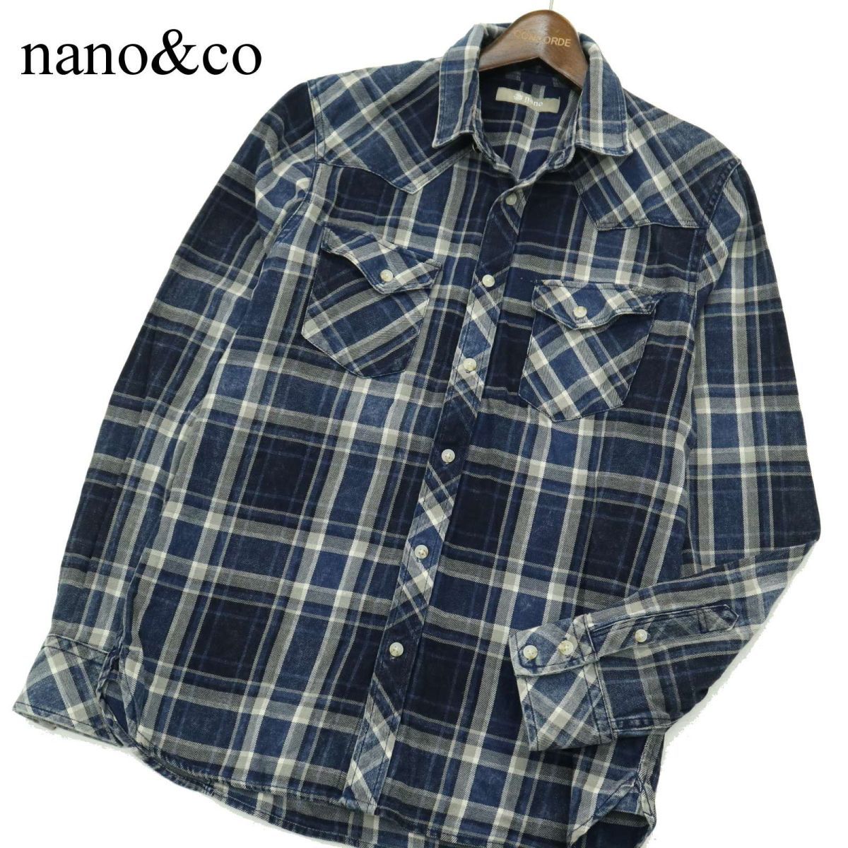  прекрасный товар * nano&co Nano Universe через год длинный рукав Western индиго проверка рубашка Sz.L мужской A3T09822_8#C