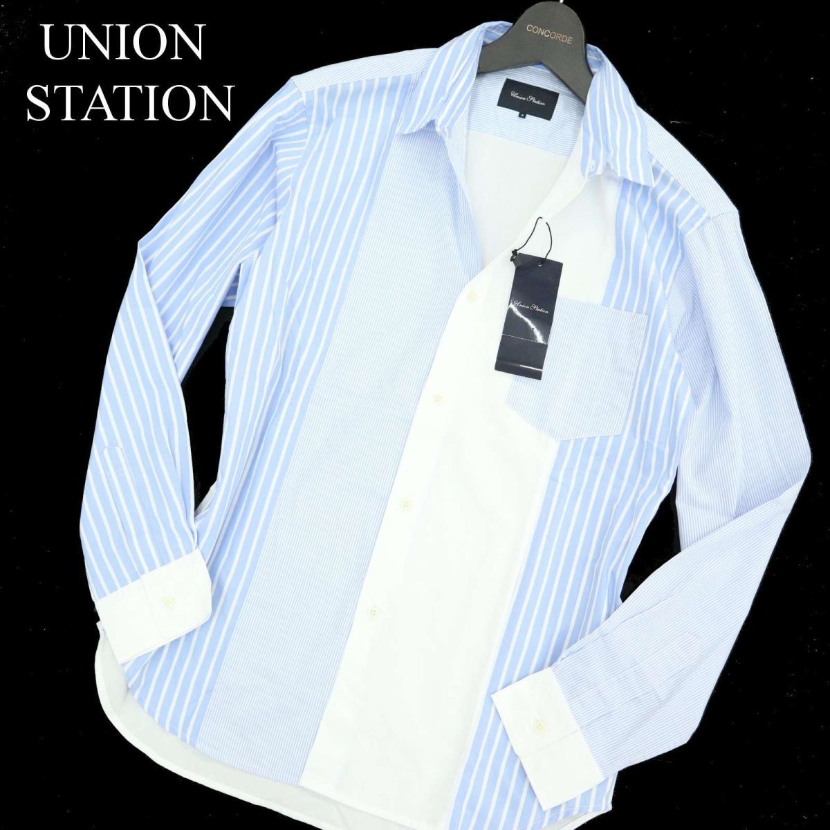 【新品 未使用】 UNION STATION ユニオンステーション メンズビギ 通年 切替 長袖 ストライプ シャツ Sz.S　メンズ　A3T10915_9#C_画像1