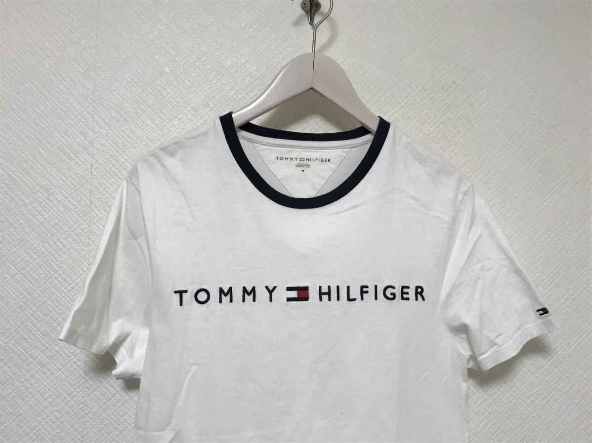 本物トミーヒルフィガーTOMMY HILFIGERコットンロゴ刺繍半袖Tシャツメンズサーフアメカジミリタリービジネススーツ白ホワイトMインド製