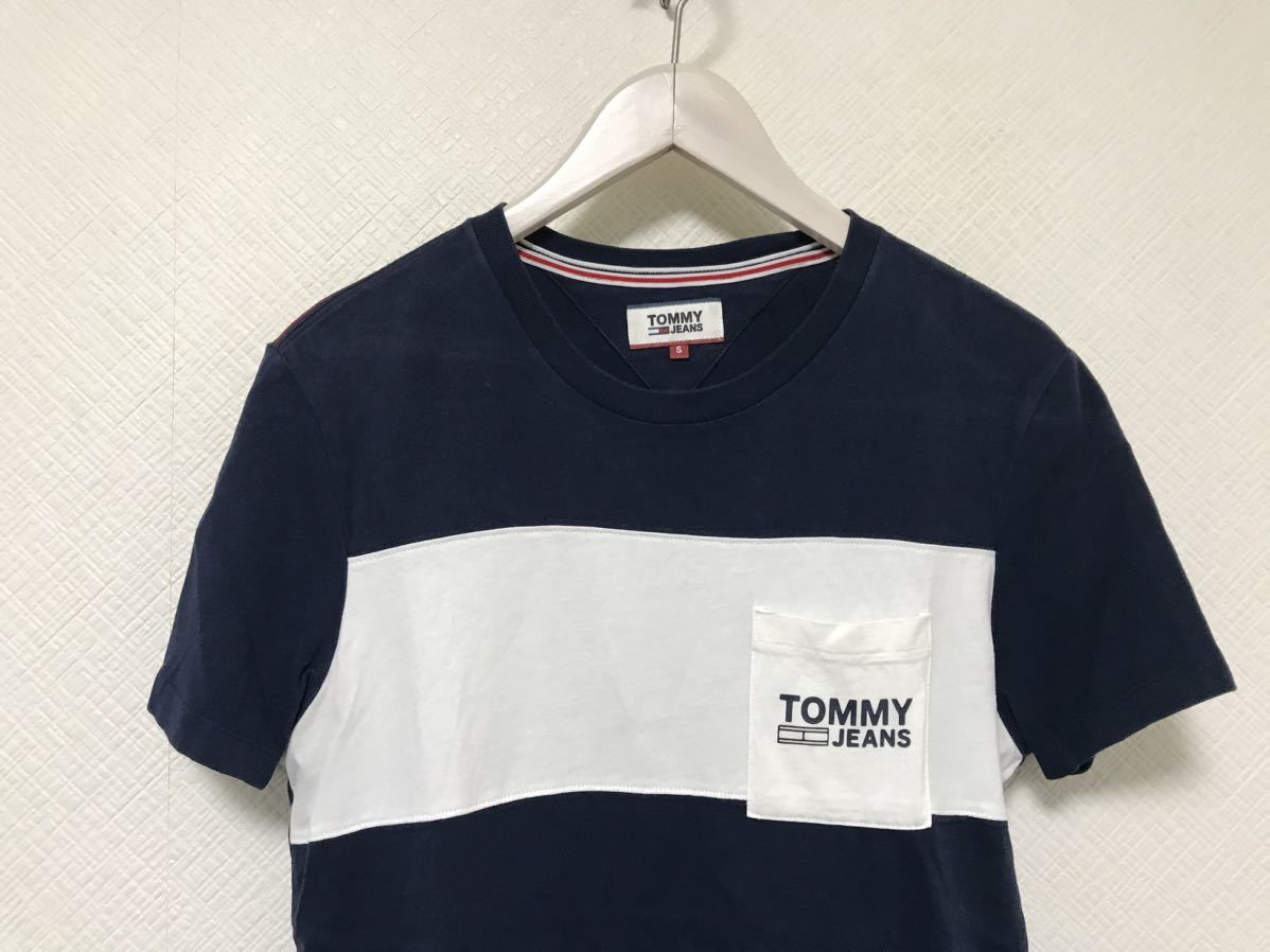 本物トミージーンズTOMMY JEANSコットンポケットプリント半袖Tシャツメンズサーフアメカジミリタリービジネス紺ネイビーS