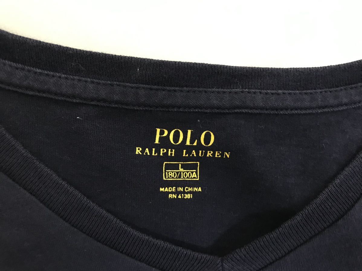 本物ポロラルフローレンPOLO RALPH LAURENコットンVネックロゴ刺繍半袖Tシャツメンズサーフアメカジミリタリーストリート紺Lネイビー