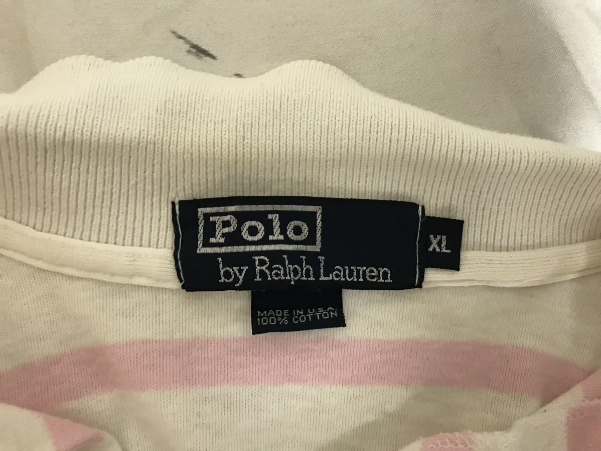 本物ポロラルフローレンPOLO RALPH LAURENコットンボーダー柄半袖ポロシャツメンズアメカジサーフミリタリービジネス白ピンクXLアメリカ製