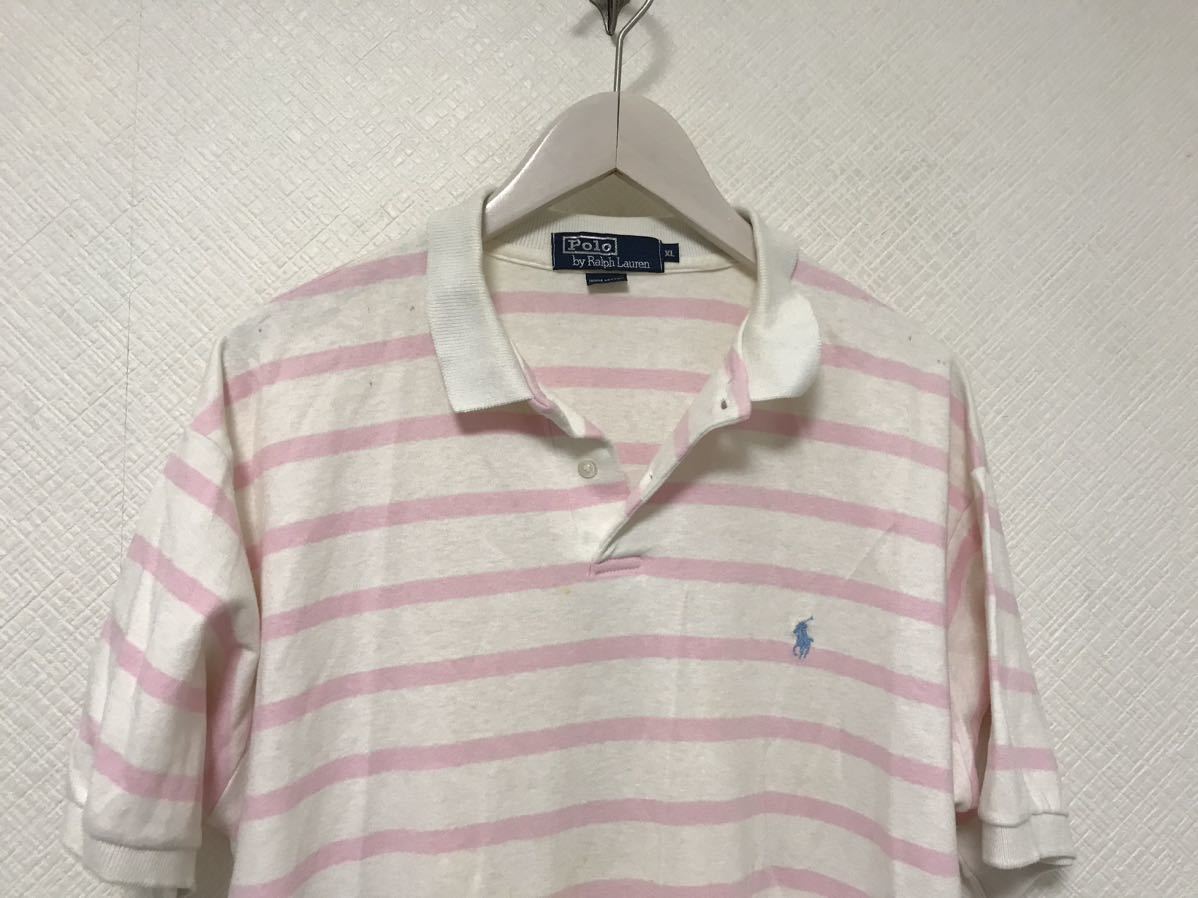 本物ポロラルフローレンPOLO RALPH LAURENコットンボーダー柄半袖ポロシャツメンズアメカジサーフミリタリービジネス白ピンクXLアメリカ製