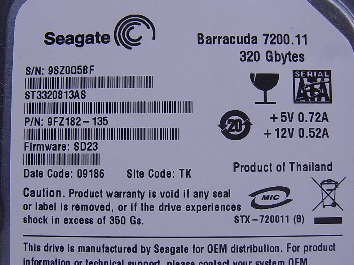 ◎L/472●シーゲート Seagate☆3.5インチHDD(ハードディスク)☆320GB SATA100 7200rpm☆ST3320813AS☆中古品_画像2