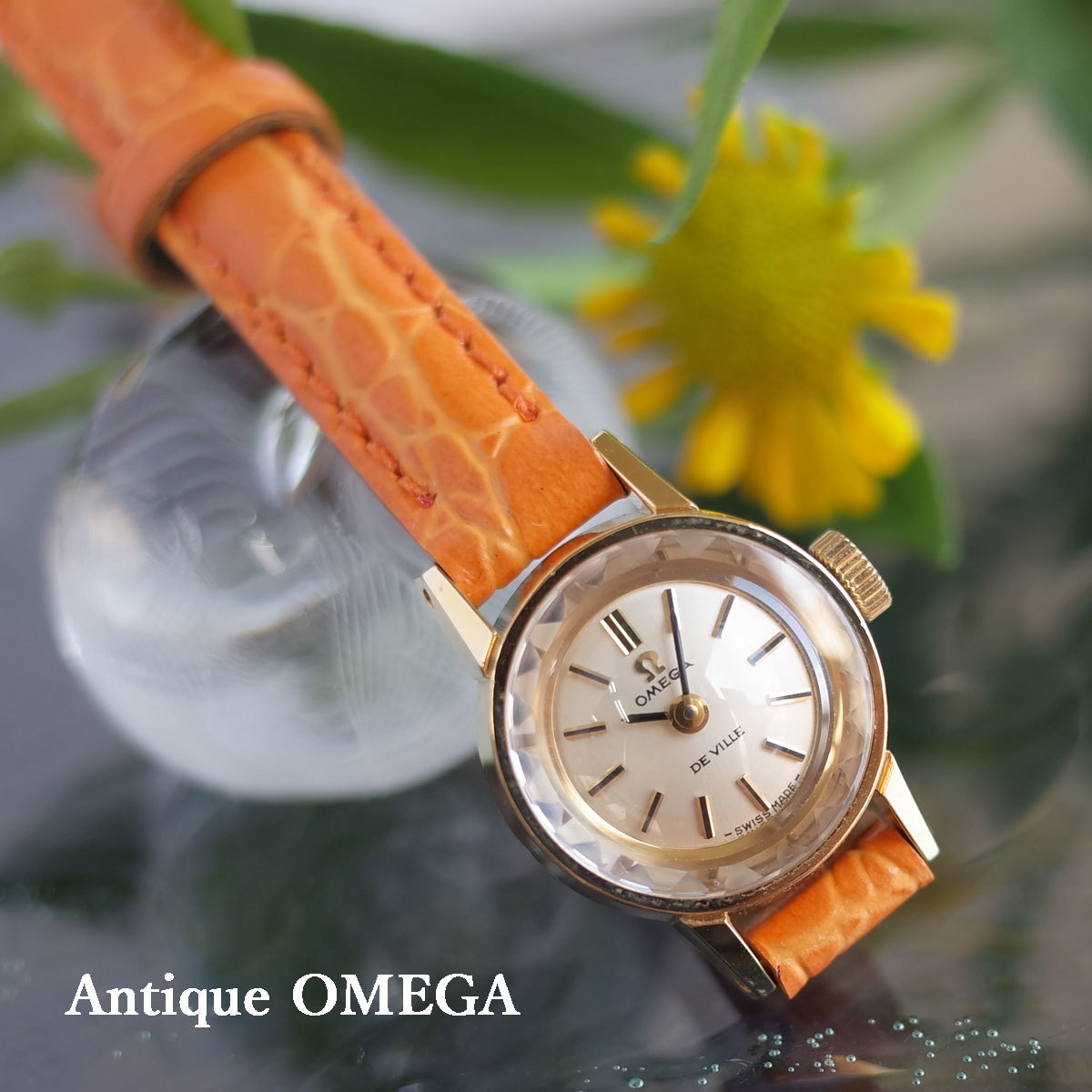 オメガ デビル カットガラス 70's アンティークウォッチ SS/GP 新品革ベルト レディース 手巻 腕時計 OMEGA OH済1年保証