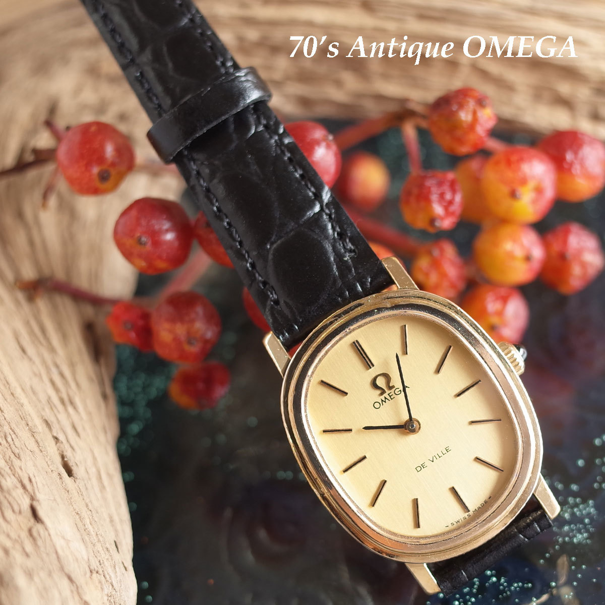 オメガ 70's アンティークウォッチ ラウンドスクエア オーバル ゴールド 新品革ベルト レディース 手巻 腕時計 OMEGA