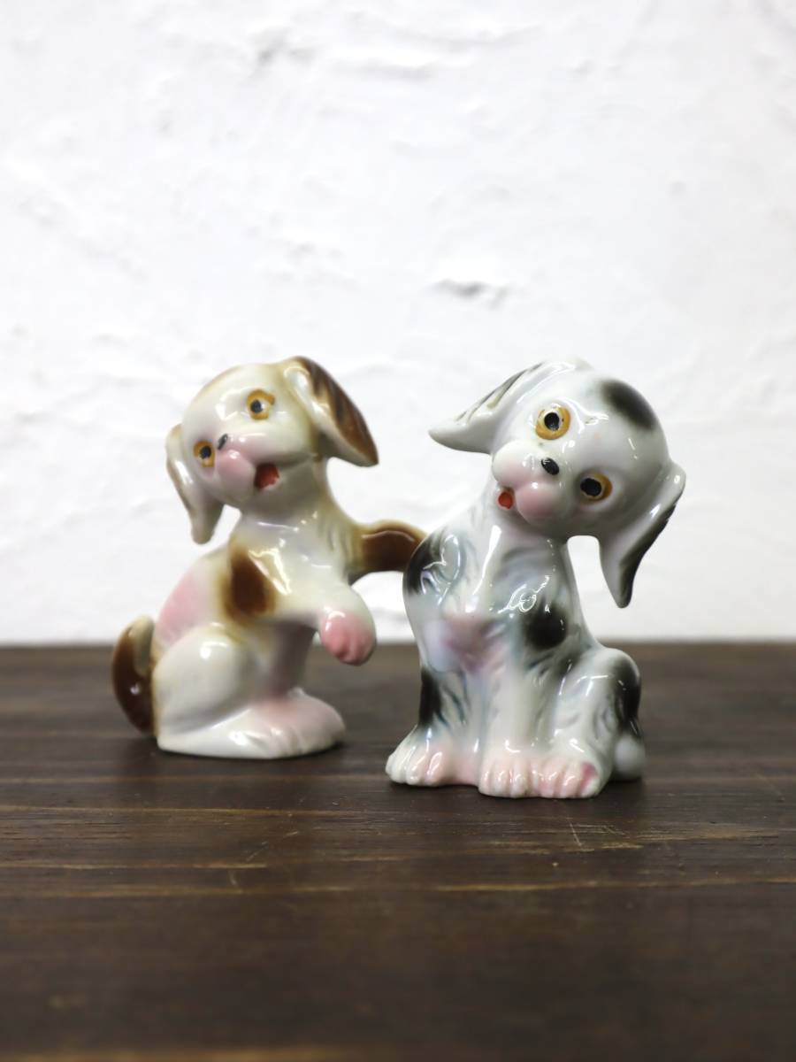 ビンテージ 陶器ペアドッグオブジェ インテリア 雑貨 置物 可愛い アメリカ 古い 犬 動物 ヴィンテージ アンティーク オブジェ dog_画像1