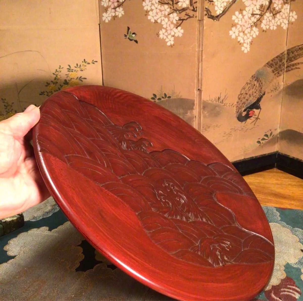 A710 鎌倉彫 波濤紋様 飾盆 作家者 1枚
