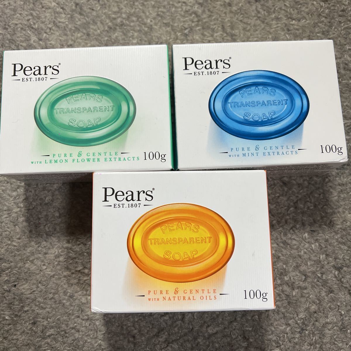 匿名配送 送料無料 未使用 海外限定 Pears Soap ペアーズ ソープ 3種セット 100g 透明石鹸 グリーン オレンジ ブルー 石けん イギリスの画像1