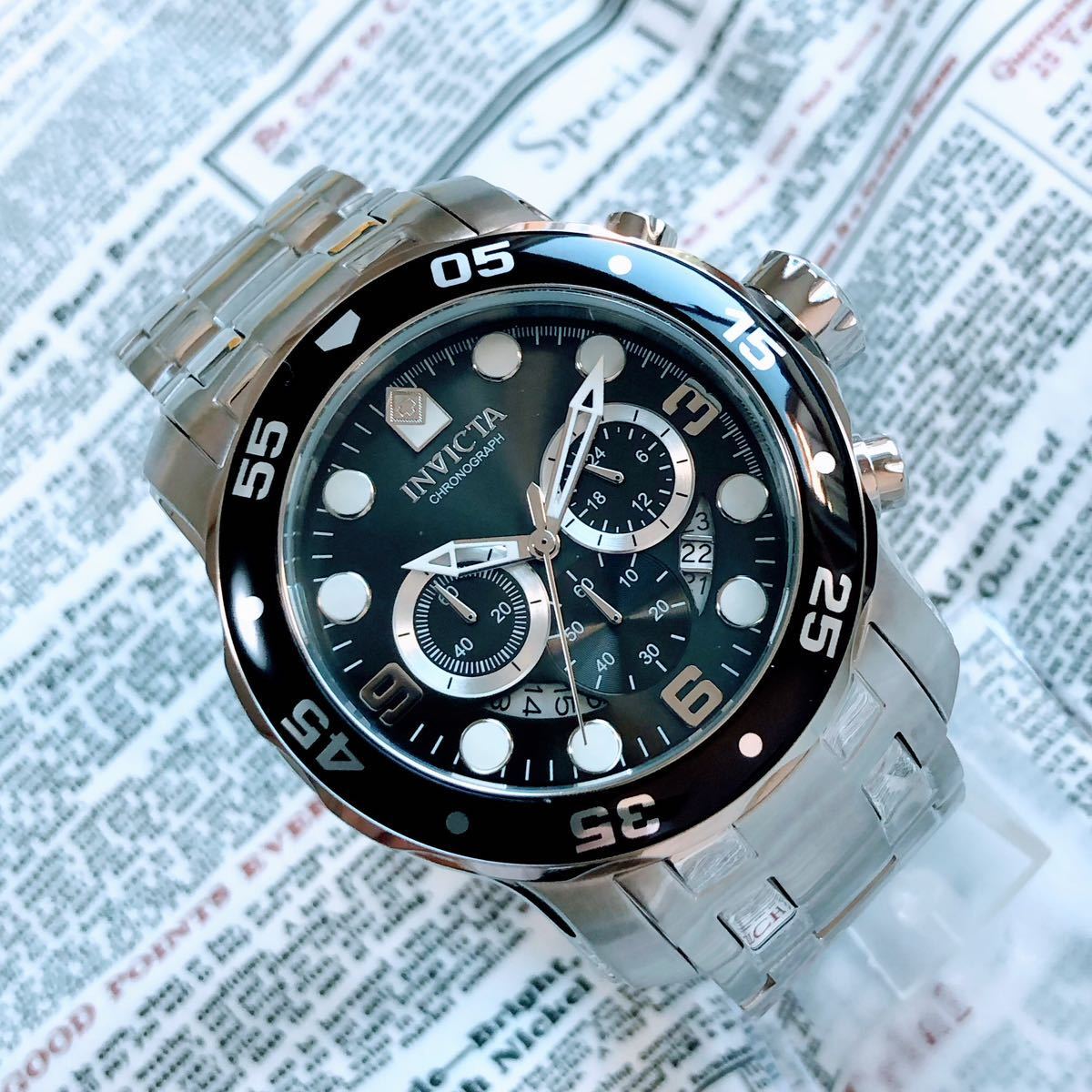 #2715【お洒落な高級感】メンズ 腕時計 インビクタ Invicta クォーツ 黒文字盤 Quartz 動作良好 ブラック クロノグラフ 防水 インヴィクタの画像3