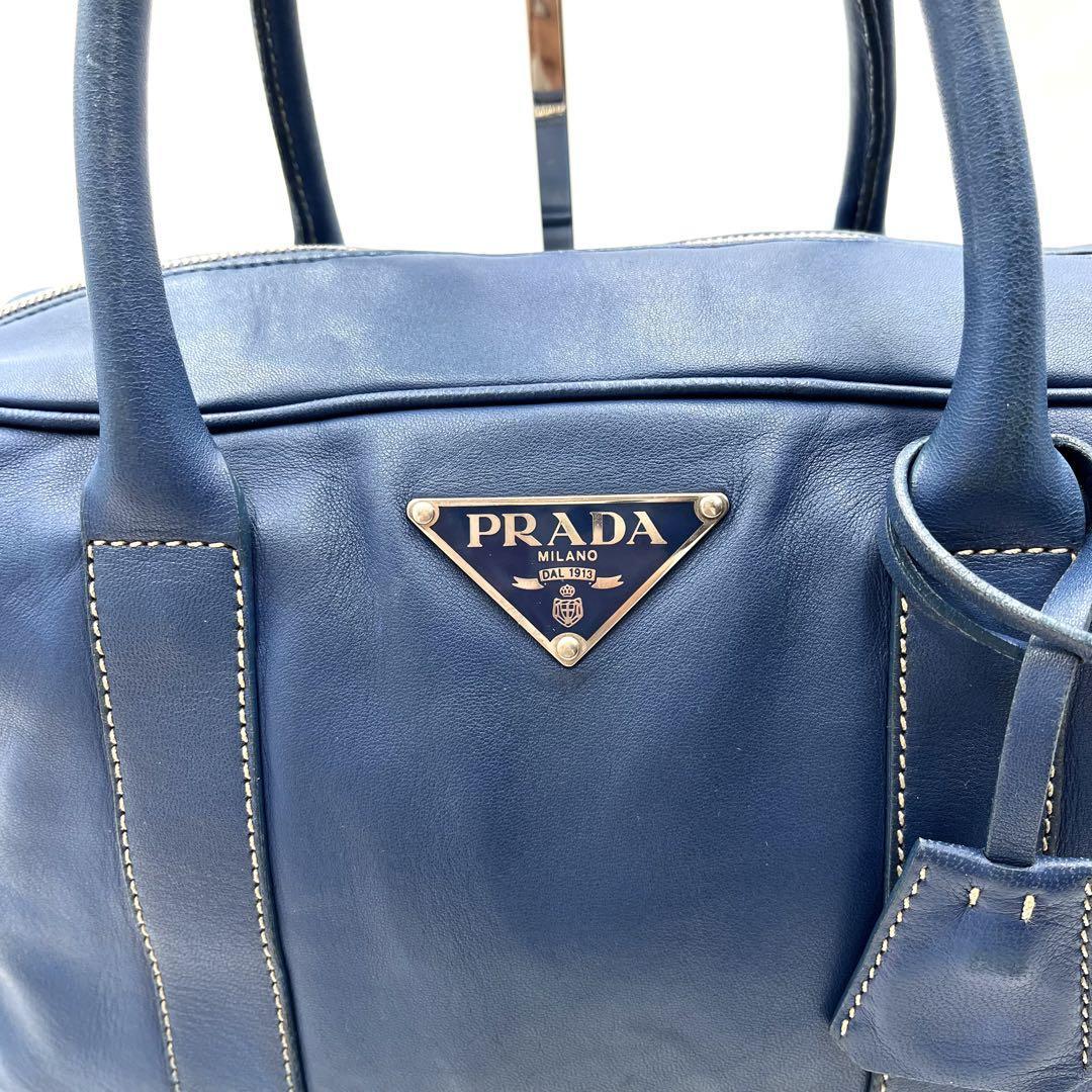 【極希少】PRADA プラダ ミニボストン トートバッグ ハンドバッグ オールレザー ブルー 青 三角ロゴ 肩掛け レディース メンズ 希少カラー_画像7