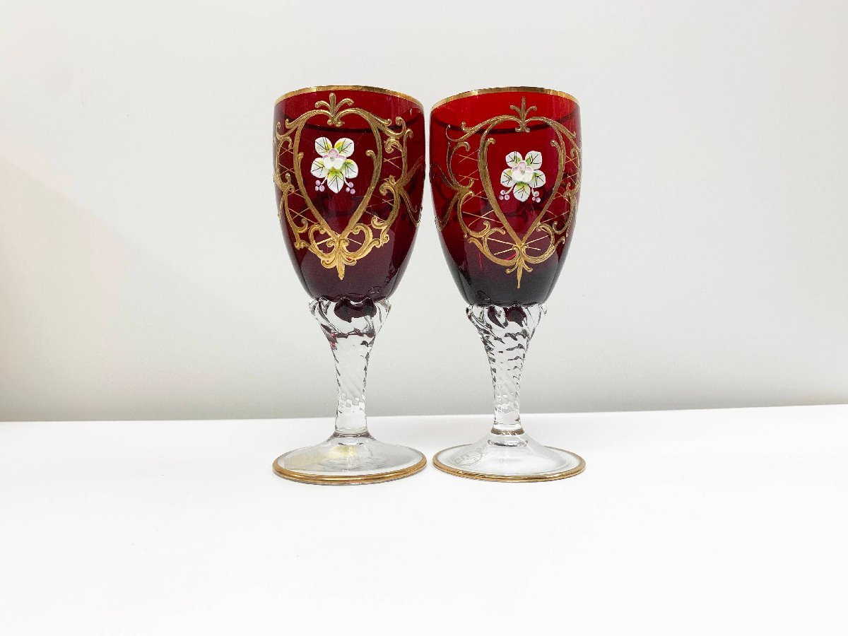  Venetian glass wine glass red Gold gold paint flower . vase art glass flower equipment ornament sake cup and bottle two customer set 