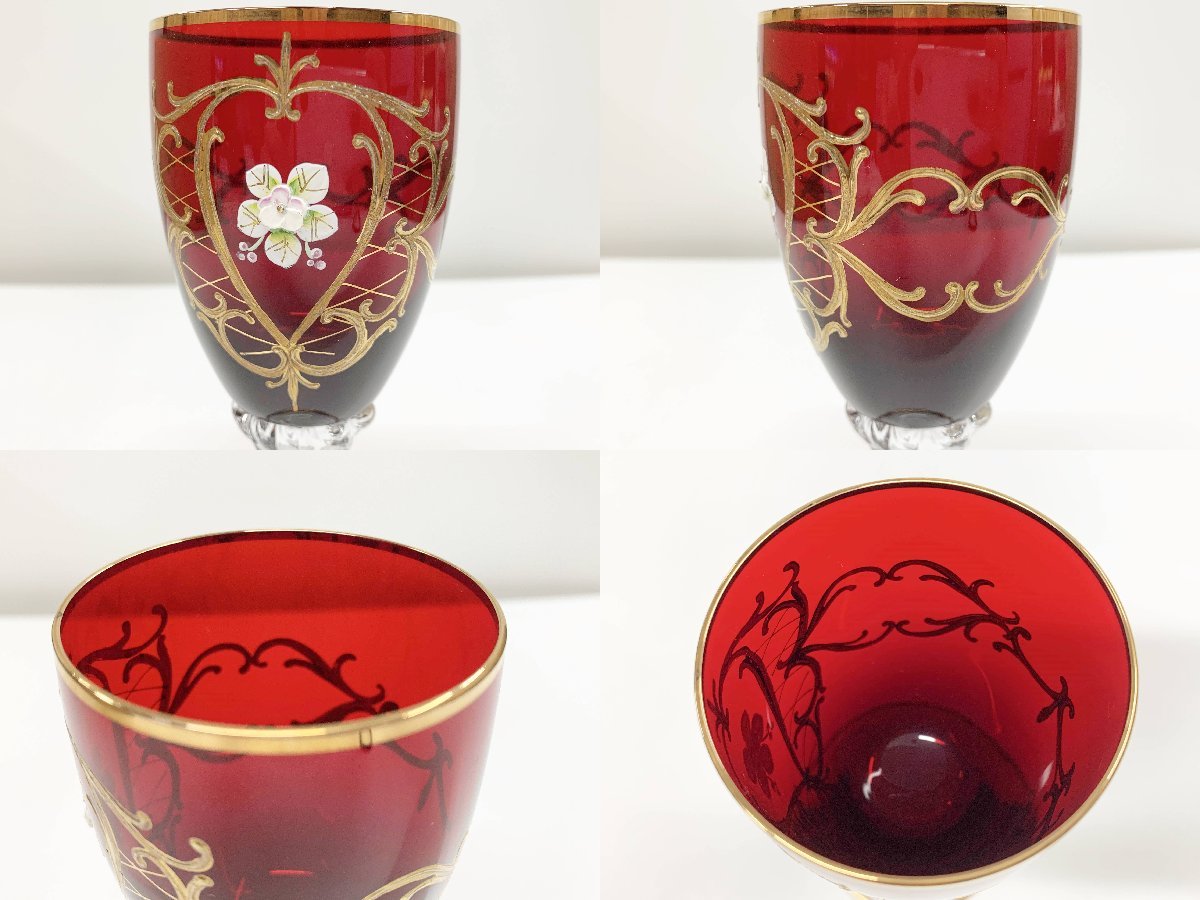  Venetian glass wine glass red Gold gold paint flower . vase art glass flower equipment ornament sake cup and bottle two customer set 