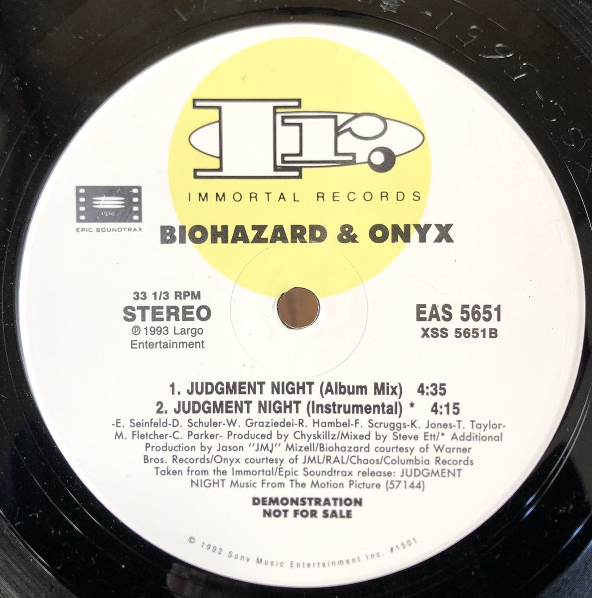 激レア 正規なし 倉庫出 1993 Biohazard & Onyx / Judgment Night Original US Promo 12 Immortal Records EAS 5651 Hardcore HipHop 絶版の画像2