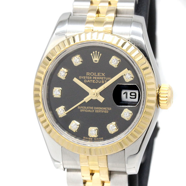 ロレックス ROLEX デイトジャスト 179173G ブラック文字盤 10Pダイヤ G番 YG/SS レディース腕時計 自動巻き