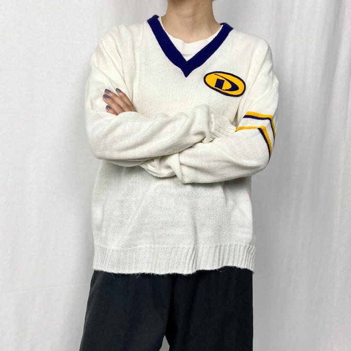 【特別セール品】 KNITS MARLOMAR 60~70年代 ロゴワッペン レディース メンズS相当 アクリルニットセーター カレッジ Vネック Sサイズ 【特別セール品】 KNITS MARLOMAR 60~70年代 ロゴワッペン レディース メンズS相当 アクリルニットセーター カレッジ Vネック Sサイズ