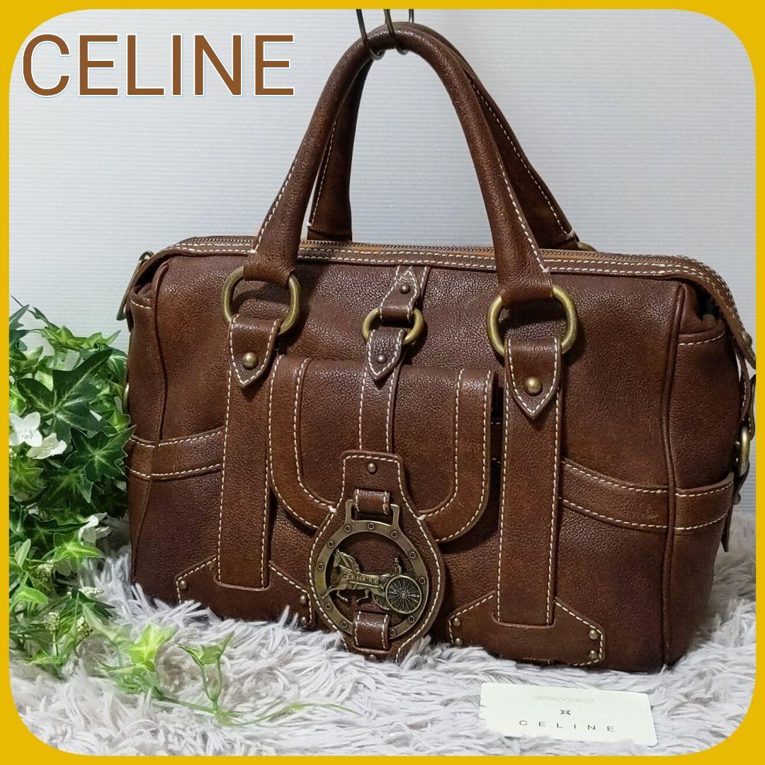 希少 CELINE ハンド バッグ 馬車金具 レザー 男女兼用 セリーヌ 茶 ミニボストンバッグ ハンドバッグ ビジネスバッグ 通勤 サークルロゴ_画像1