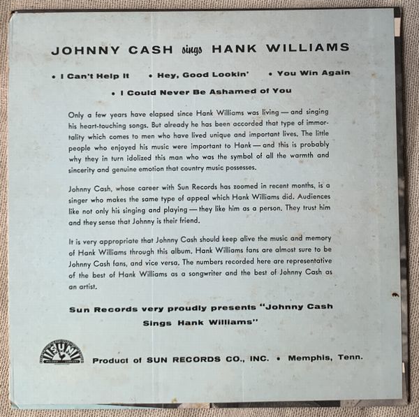 4曲入EP Johnny Cash Johnny Cash Sings Hank Williams ジョニー・キャッシュI Can't Help It You Win Again Hey, Good Lookin' EPA-111_画像4