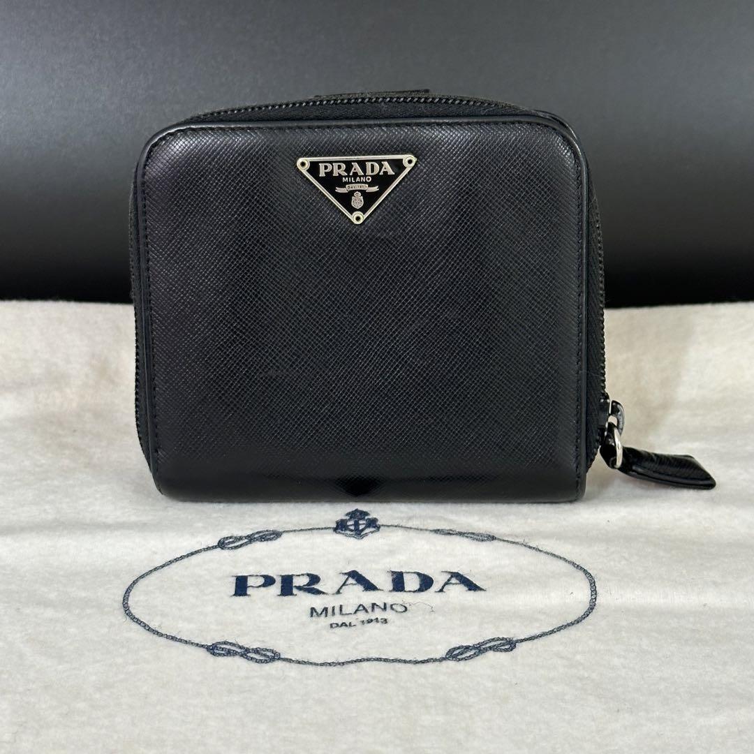 美品 PRADA プラダ 三角プレート 折り財布 コンパクト ミニウォレット