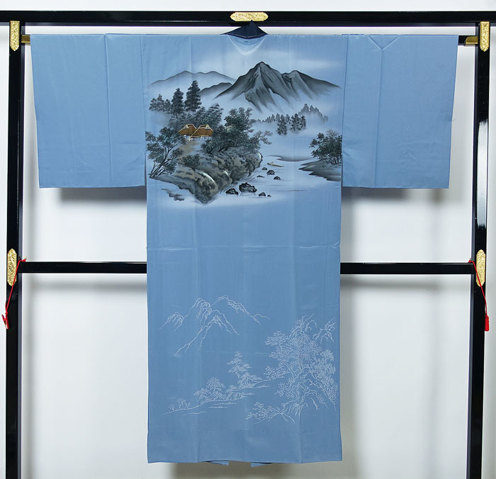  men's unused long kimono-like garment single . tailoring mountain hem . scenery pattern applying height approximately 165cm rank silk 10831