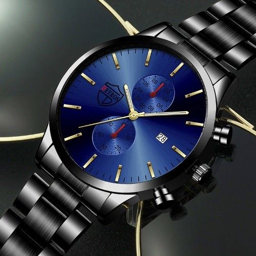 ブラック青　メンズカジュアル腕時計クォーツ電池式ビジネスシンプルカレンダーデイト黒