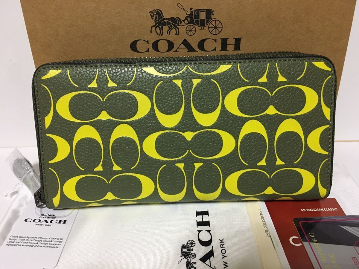 COACH コーチ 長財布 シグネチャー モスグリーンイエロー - 長財布