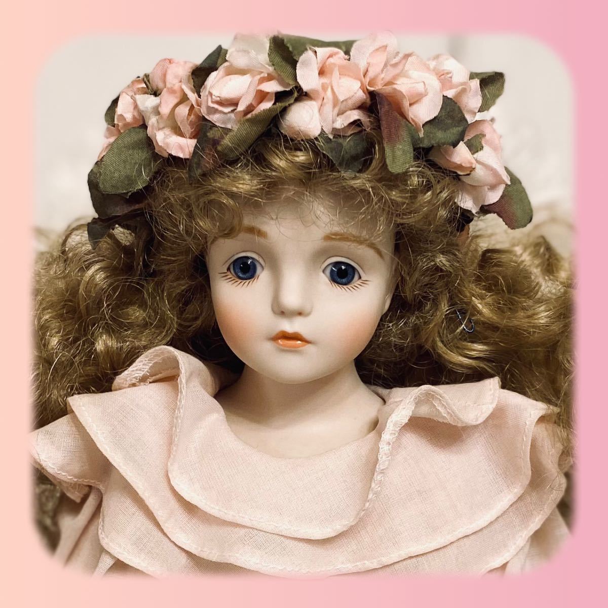 若月まり子 ビスクドール エンジェル ピンクの薔薇の花輪 創作人形 ポーセリン 陶器 中型 40cm