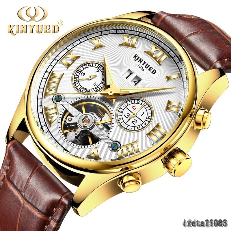 福価格 腕時計 メンズ KINYUED▽海外ブランド 高級 自動巻き トゥールビヨン 機械式 レザー ゴールド ホワイト&ブラウン Pc-120