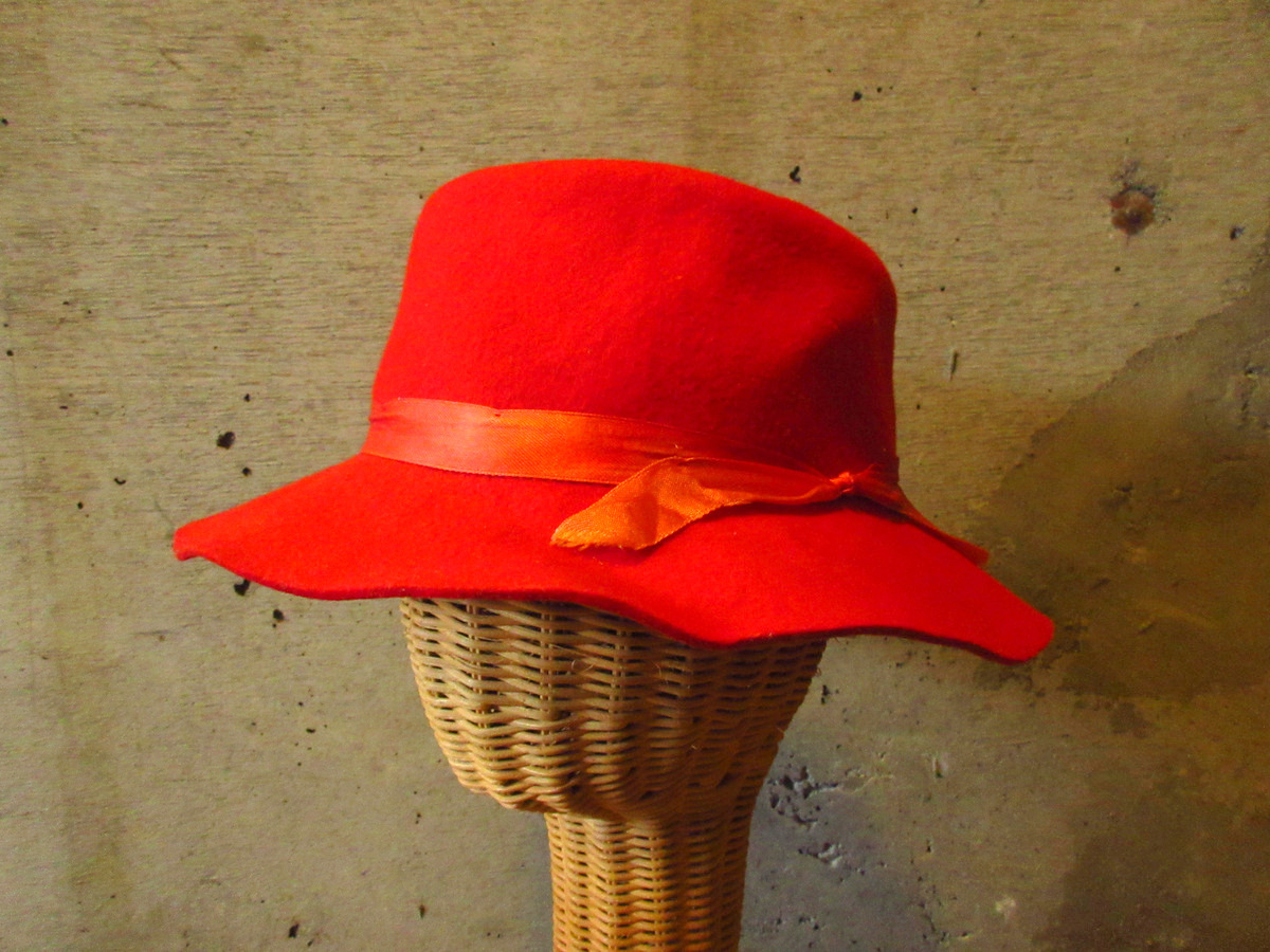 ビンテージ70’s●レディースフェルトハット赤size L●230923k1-w-ht-flt 1970sウール帽子レトロファッション小物_画像1
