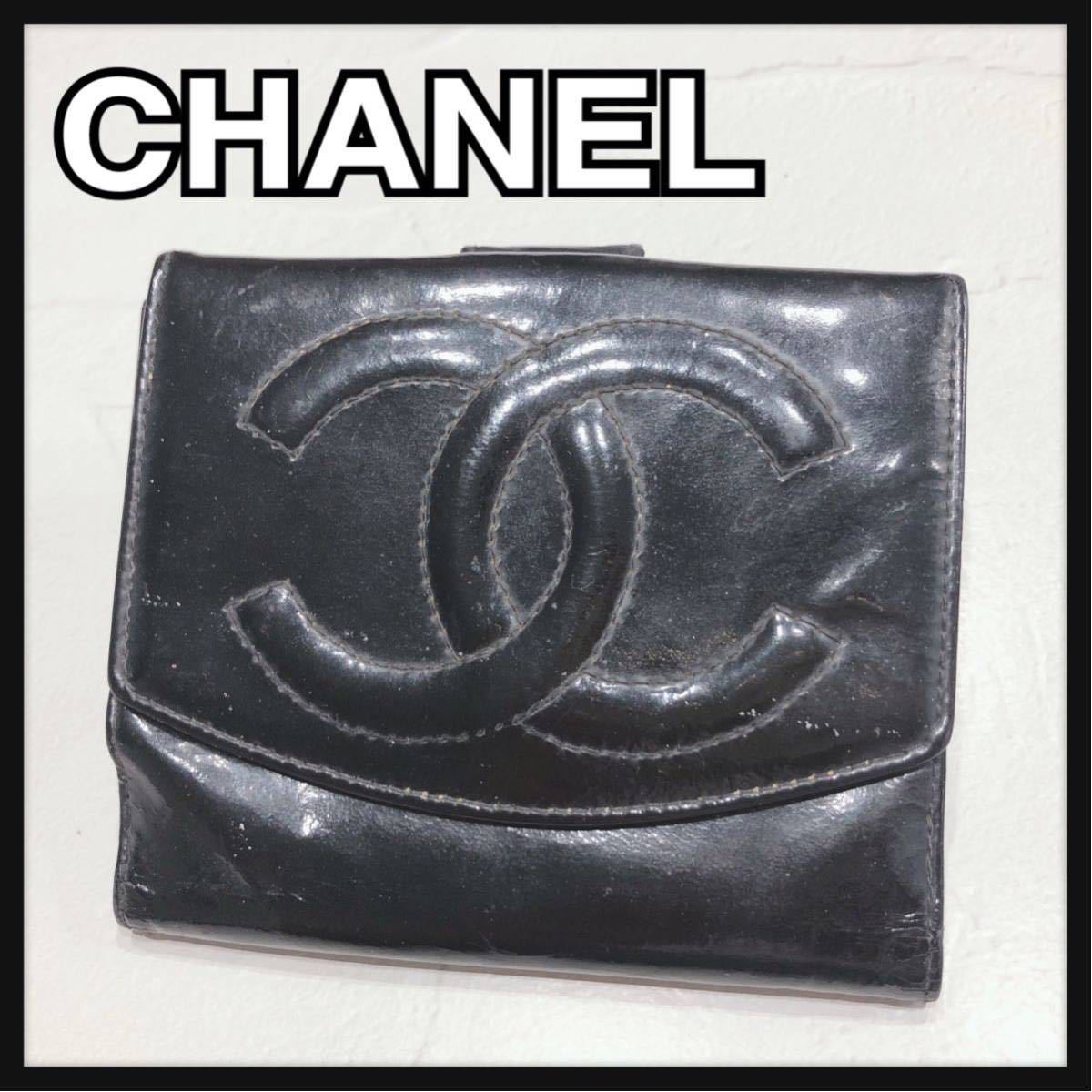 CHANEL シャネル 二つ折り財布 折財布 財布 ブラック 黒 エナメル ココ