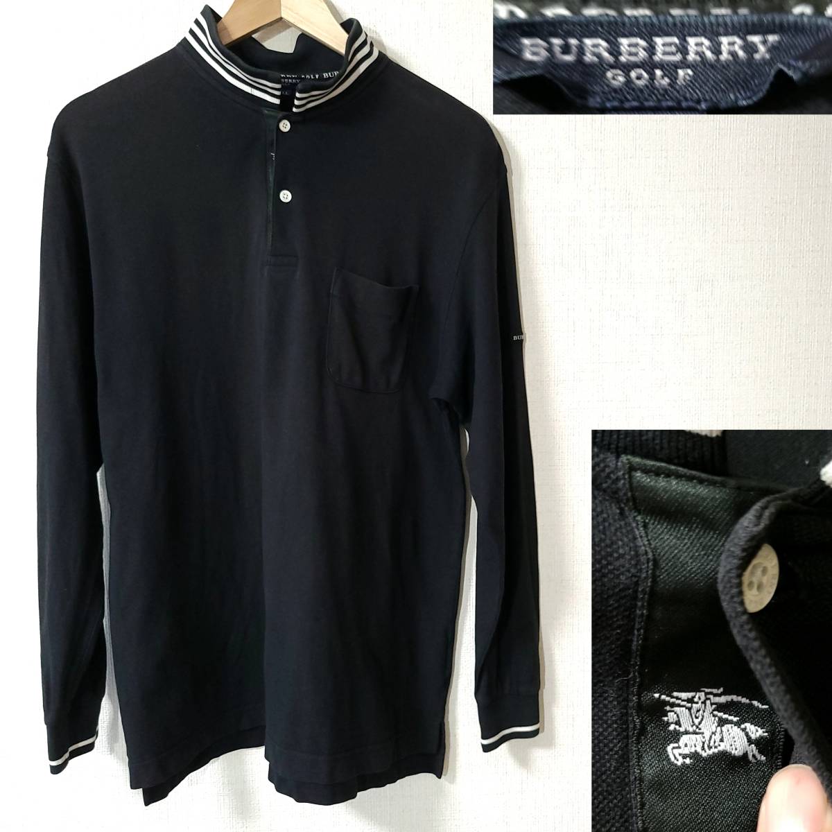 1000円 BURBERRY GOLF バーバリー ゴルフ ウェア ポロシャツ 長袖 スタンドカラー 鹿の子 ブラック シャドー ホース刺繍 日本製 三陽商会_画像1